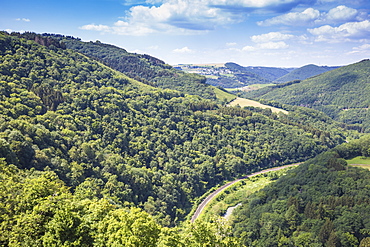 View of countryside and railway line from Bourscheid Castle, Bourscheid, Luxembourg, Europe