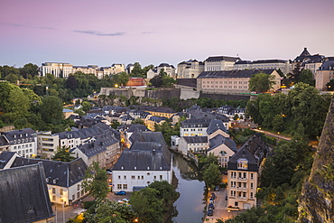 View over the Grund (Lower Town) towards Saint Esprit Plateau and the city beyond, Luxembourg City, Luxembourg, Europe