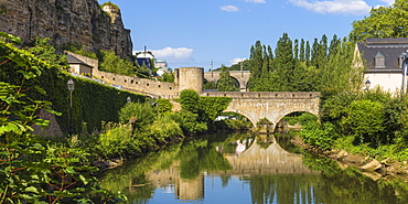 Stierchen stone footbridge and Wenzel wall, Luxembourg City, Luxembourg, Europe