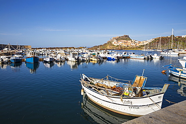 View over marina towards ancient castle, Castelsardo, Sassari Province, Sardinia, Italy, Mediterranean, Europe