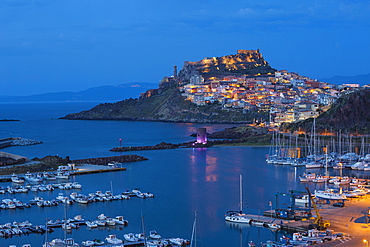 View over marina towards ancient castle, Castelsardo, Sassari Province, Sardinia, Italy, Mediterranean, Europe