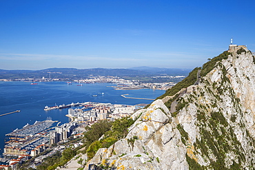 View of Gibraltar Rock, with La Linea, Spain in the distance, Gibraltar, Mediterranean, Europe