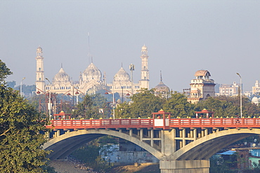 Bridge over Gomti River with Bara Imambara in distance, Lucknow, Uttar Pradesh, India, Asia