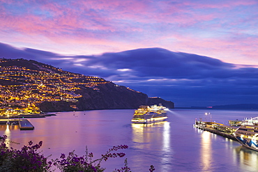 Cruise ship entering Funchal harbour at sunrise, Funchal, Madeira, Portugal, Atlantic, Europe