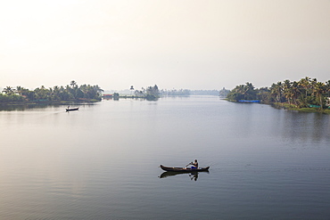 Man in dugout canoe on Backwaters, Alappuzha (Alleppey), Kerala, India, Asia