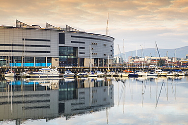 W5 Science and Discovery Centre reflecting in Belfast Harbour Marina, Belfast, Ulster, Northern Ireland, United Kingdom, Europe