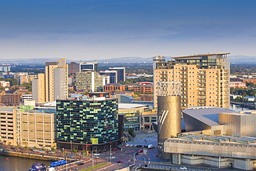 View of Salford Quays looking towards Lowry Theatre and Lowry Outlet mall, Salford, Manchester, England, United Kingdom, Europe