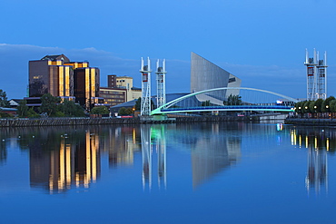 The Lowry footbridge and Imperial War Museum North, Salford Quays, Salford, Manchester, England, United Kingdom, Europe