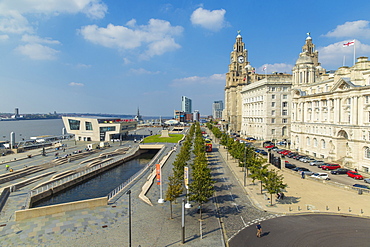 Pier Head, view of Mersey Ferry Terminal and the Three Graces Buildings, Liverpool, Merseyside, England, United Kingdom, Europe