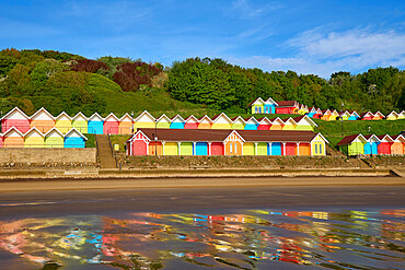 Beach Huts on North Bay beach, Scarborough, Yorkshire, England, United Kingdom, Europe