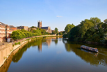 View of River Severn looking towards Worcester Cathedral, Worcester, Worcestershire, England, United Kingdom, Europe