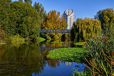 View of Grand Union Canal and National Space Centre, Leicester, Leicestershire, England, United Kingdom, Europe