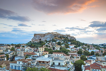 View of Plaka and The Acropolis at sunset, Athens, Greece, Europe