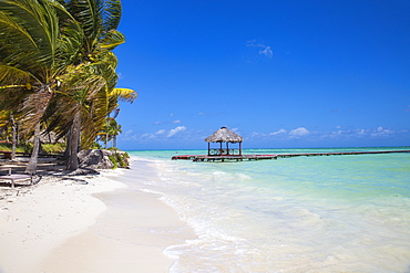 Wooden red jetty, Playa El Paso, Cayo Guillermo, Jardines del Rey, Ciego de Avila Province, Cuba, West Indies, Caribbean, Central America