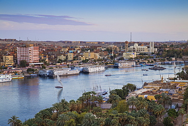 View of Aswan looking over Elephantine Island towards The Cataract Hotel, Aswan, Upper Egypt, Egypt, North Africa, Africa