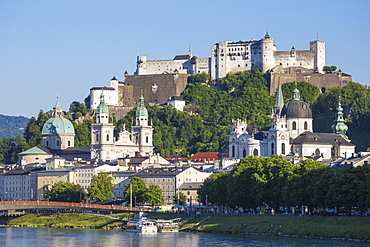 View of Salzach River and Hohensalzburg Castle above The Old City, UNESCO World Heritage Site, Salzburg, Austria, Europe