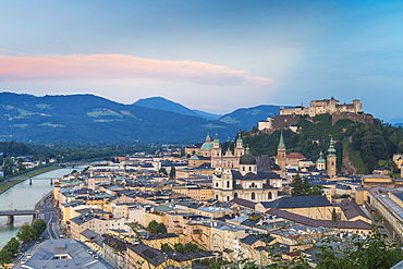 View of Salzach River and Hohensalzburg Castle above The Old City, Salzburg, Austria, Europe