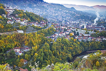 View of Alifakovac graveyard, where Muslim foreigners are buried, and City, Sarajevo, Bosnia and Herzegovina, Europe