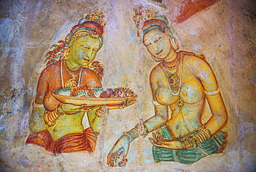 Apsara Frescoes on Mirror Wall at Sigiriya Rock Fortress, UNESCO World Heritage Site, Sri Lanka, Asia