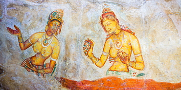 Apsara Frescoes on Mirror Wall at Sigiriya Rock Fortress, UNESCO World Heritage Site, Sri Lanka, Asia