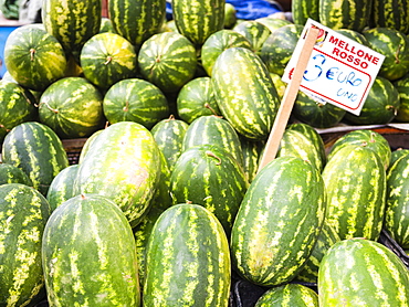 Watermelons for sale at Capo Market, a fruit, vegetable and general food market in Palermo, Sicily, Italy, Europe 