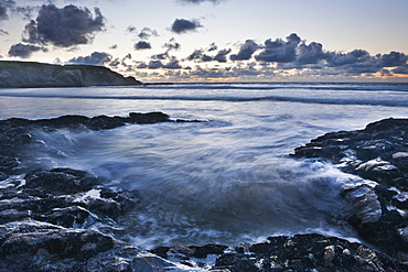 Rocky coast at Treyarnon Bay at sunset, Cornwall, England, United Kingdom, Europe