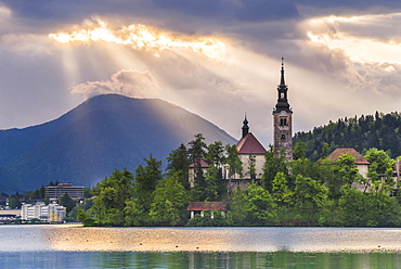 Lake Bled sunrise landscape, showing Lake Bled Church on the Island, Gorenjska Region, Slovenia, Europe