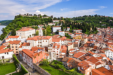 Piran and Piran Town Walls, seen from Church of St. George, Piran, Primorska, Slovenian Istria, Slovenia, Europe