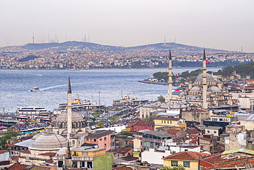 Rustem Pasha Mosque and New Mosque (Yeni Cami) with Bosphorus Strait behind, Istanbul, Turkey, Europe