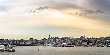 Hagia Sophia and New Mosque seen across Golden Horn at sunset, Istanbul, Turkey, Europe