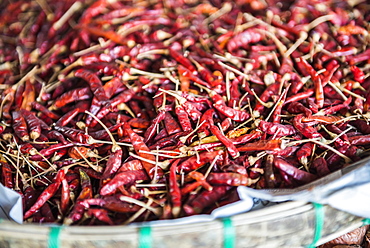 Chillies for sale at Hsipaw (Thibaw) market, Shan State, Myanmar (Burma), Asia