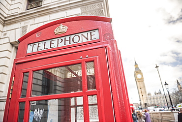 Red Telephone Box and Big Ben (Elizabeth Tower), Houses of Parliament, Westminster, London, England, United Kingdom, Europe