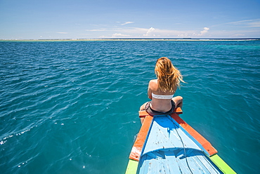 Woman on a traditional Indonesian boat rrip to Marak Island near Padang in West Sumatra, Indonesia, Southeast Asia, Asia