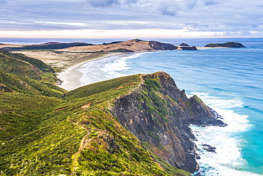 Te Werahi Beach at sunrise, with Te Paki Coastal Track path visible, Cape Reinga, North Island, New Zealand, Pacific