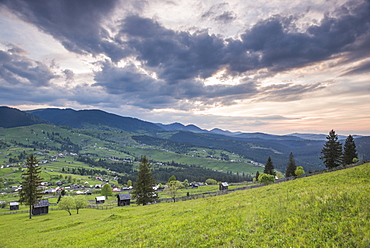 Bukovina Region (Bucovina) landscape at sunset, Paltinu, Romania, Europe