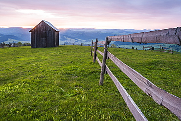 Rural Romanian landscape at sunrise in the Bukovina Region (Bucovina), Paltinu, Romania, Europe