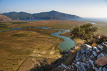 View over the Dalyan River from the ancient ruins of Kaunos, Dalyan, Mugla Province, Anatolia, Turkey, Asia Minor, Eurasia