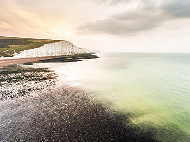 The Seven Sisters chalk cliffs, South Downs National Park, East Sussex, England, United Kingdom, Europe (Drone)