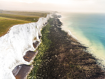 The Seven Sisters chalk cliffs, South Downs National Park, East Sussex, England, United Kingdom, Europe (Drone)