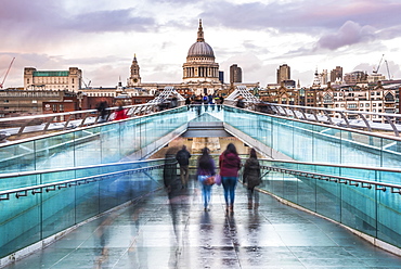 St. Pauls Cathedral at sunset, seen across Millennium Bridge, City of London, London, England, United Kingdom, Europe