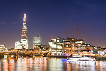 The Shard and the River Thames at night, London Borough of Southwark, London, England, United Kingdom, Europe