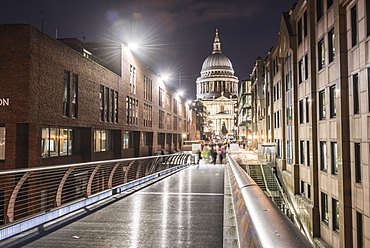 St. Pauls Cathedral at night, seen across Millennium Bridge, City of London, London, England, United Kingdom, Europe