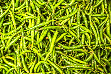 Green chillies for sale in Mapusa Market, Goa, India, Asia