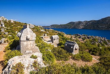 Lycian Sarcophagus, Sunken City of Kekova, Antalya Province, Lycia, Anatolia, Mediterranean Sea, Turkey, Asia Minor, Eurasia