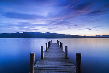 Pier on Windermere at sunset, Lake District National Park, UNESCO World Heritage Site, Cumbria, England, United Kingdom, Europe