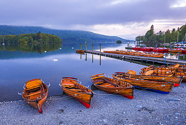 Rowing boats at Windermere at sunset, Lake District National Park, UNESCO World Heritage Site, Cumbria, England, United Kingdom, Europe