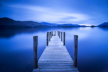 Pier at Derwent Water (Derwentwater) at sunset, Lake District National Park, UNESCO World Heritage Site, Cumbria, England, United Kingdom, Europe