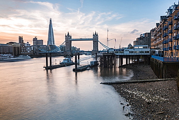 Tower Bridge and The Shard at sunset, seen behind the River Thames, Tower Hamlets, London, England, United Kingdom, Europe