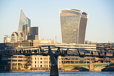 Millennium Bridge and Walkie Talkie building in The City of London, London, England, United Kingdom, Europe