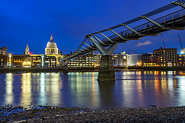 St. Pauls Cathedral and Millennium Bridge at night, City of London, London, England, United Kingdom, Europe